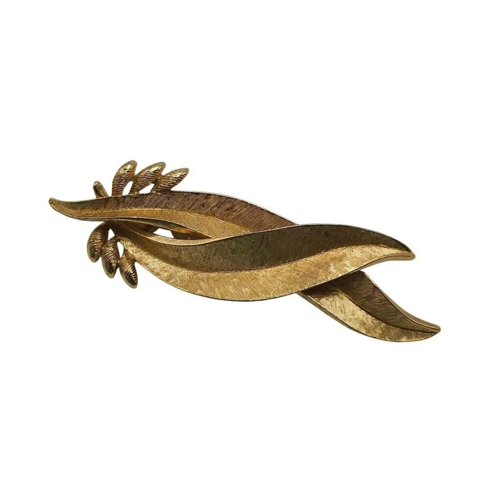 Monet Gold Tone Textured Leaf Brooch Pin Mid Century
